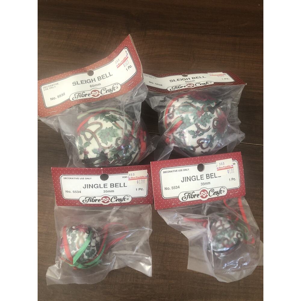 FIBRE-CRAFT Vtg Sleigh Bells Lot Of 4 Christmas Poinsettia Floral Designed New